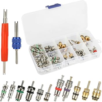 102Pcs Air Conditioner Valve Accessories Kit R12 R134a Refrigeration Tire Valve Stem Cores with Remover Tool Assortment Kit for Most Cars