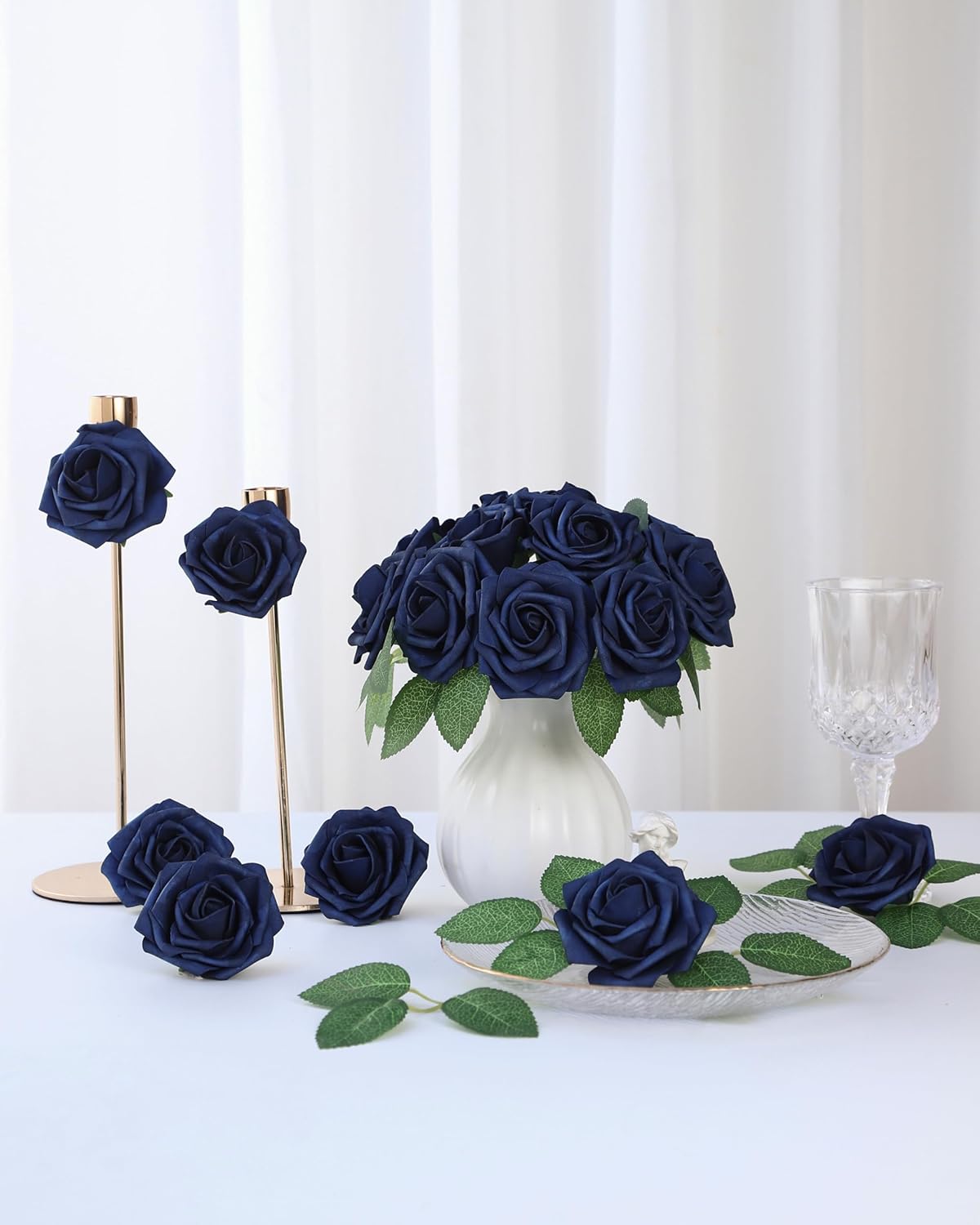 DuHouse 50Pcs Artificial Roses Flowers Fake Roses with Stems Real Touch Foam Flowers for DIY Wedding Bouquet Party Centerpiece Floral Arrangement Party Home Decor(Navy Blue) - Image 6