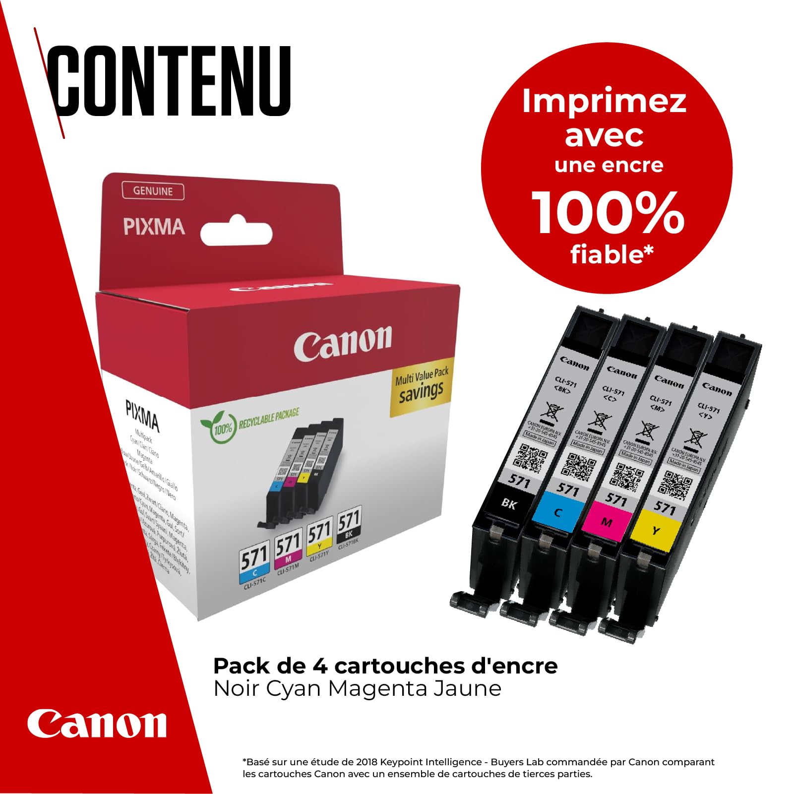 Canon CLI-571 Lot de 4 Cartouches d'encre Authentiques (Noir, Cyan, Magenta, Jaune) – Carton Multipack