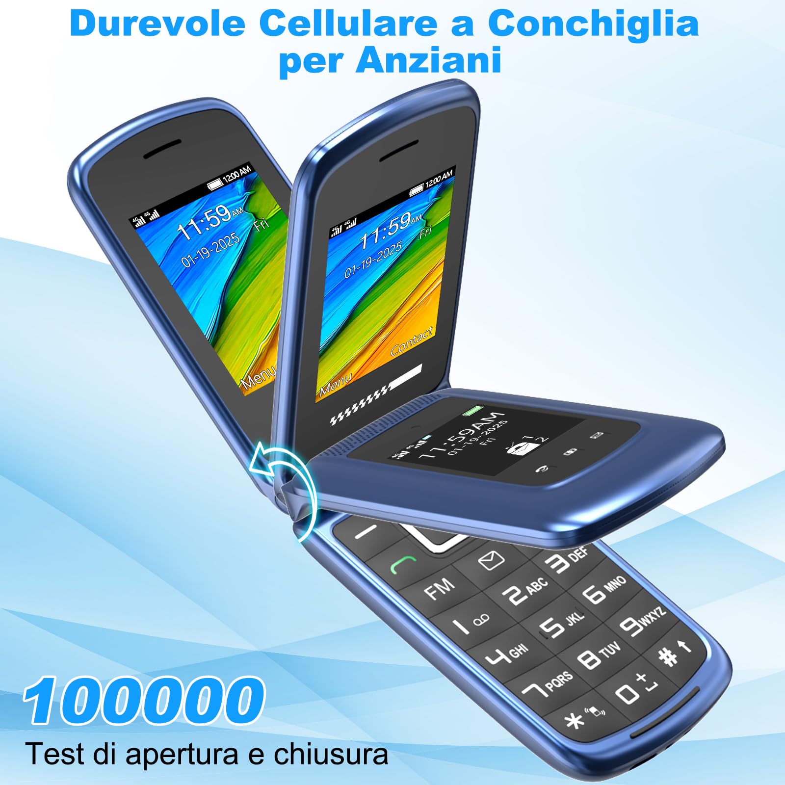 Telefono Cellulare per Anziani 4G, Telefoni Cellulari Tasti Grandi a Conchiglia Volume Alto Schermo da 2,4 e 1,77 Pollici Doppia SIM Funzione SOS Base di Ricarica Chiamata Rapida Torcia Sveglia, Blu