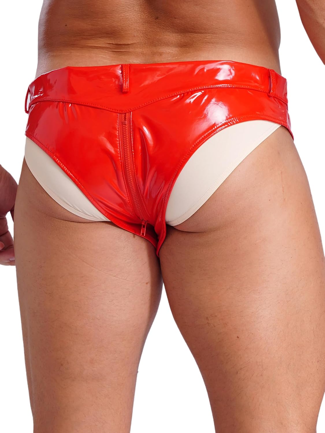Jelory Men's Latex Booty Shorts Faux Leather Low Waist Rave Bottoms Zipper Crotch Briefs Hot Pants