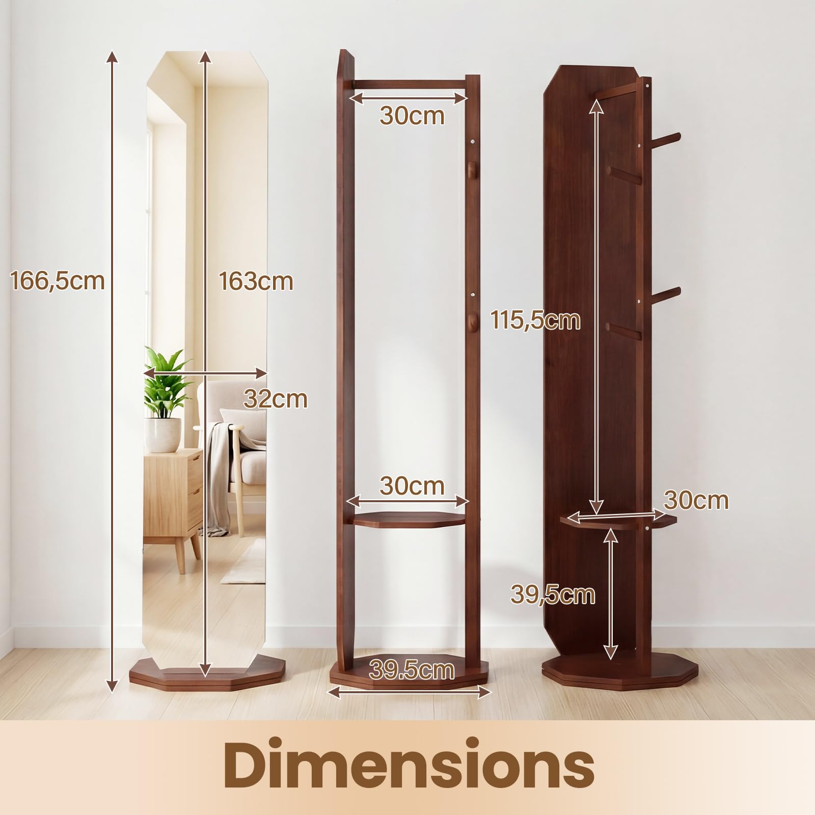 COSTWAY Miroir sur Pied, Grand Miroir avec Porte-Manteau, Base Pivotante à 360°, Cadre en Bois Massif, 2 Étagères de Rangement, 4 Crochets, Barre, pour Chambre Salon (39,5 x 39,5 x 166,5 cm,Noyer)