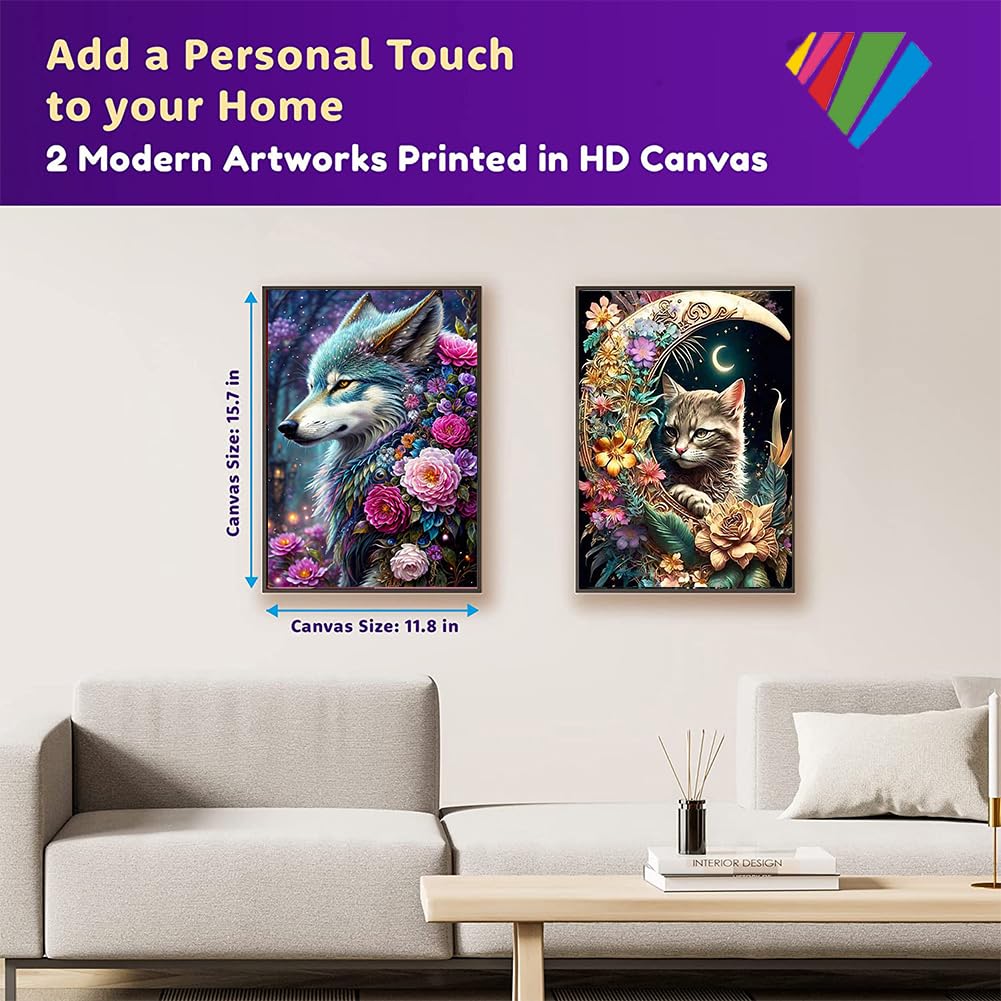 OFRKE 2-Piece Cat Wolf Diamond Painting Kits for Adults, Round Full Drill 5D DIY Diamond Art Kits for Home Wall Decor 12"x16"