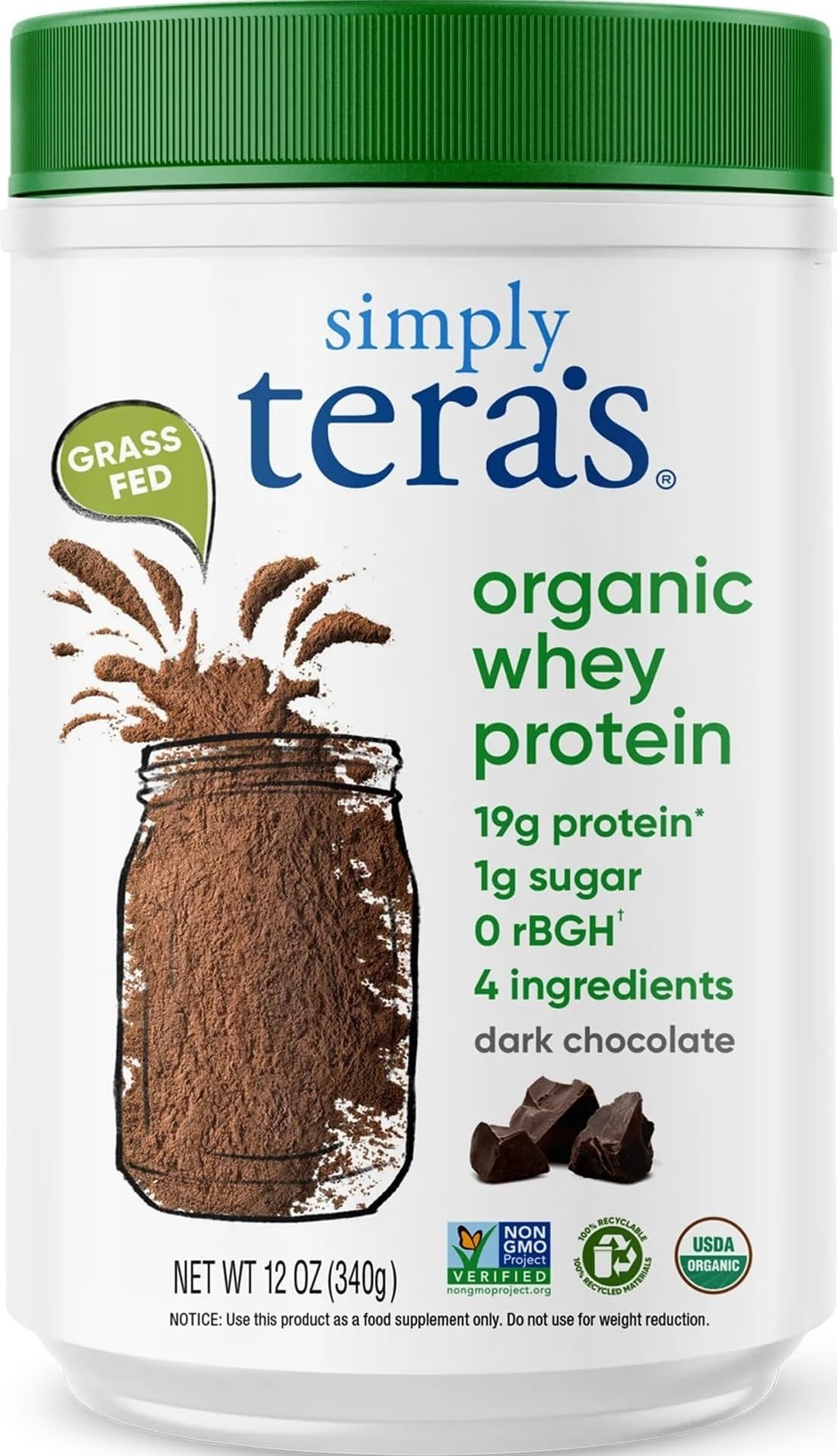 simply tera's Whey protein em pó sabor chocolate amargo, 19 g de proteína, 336 g