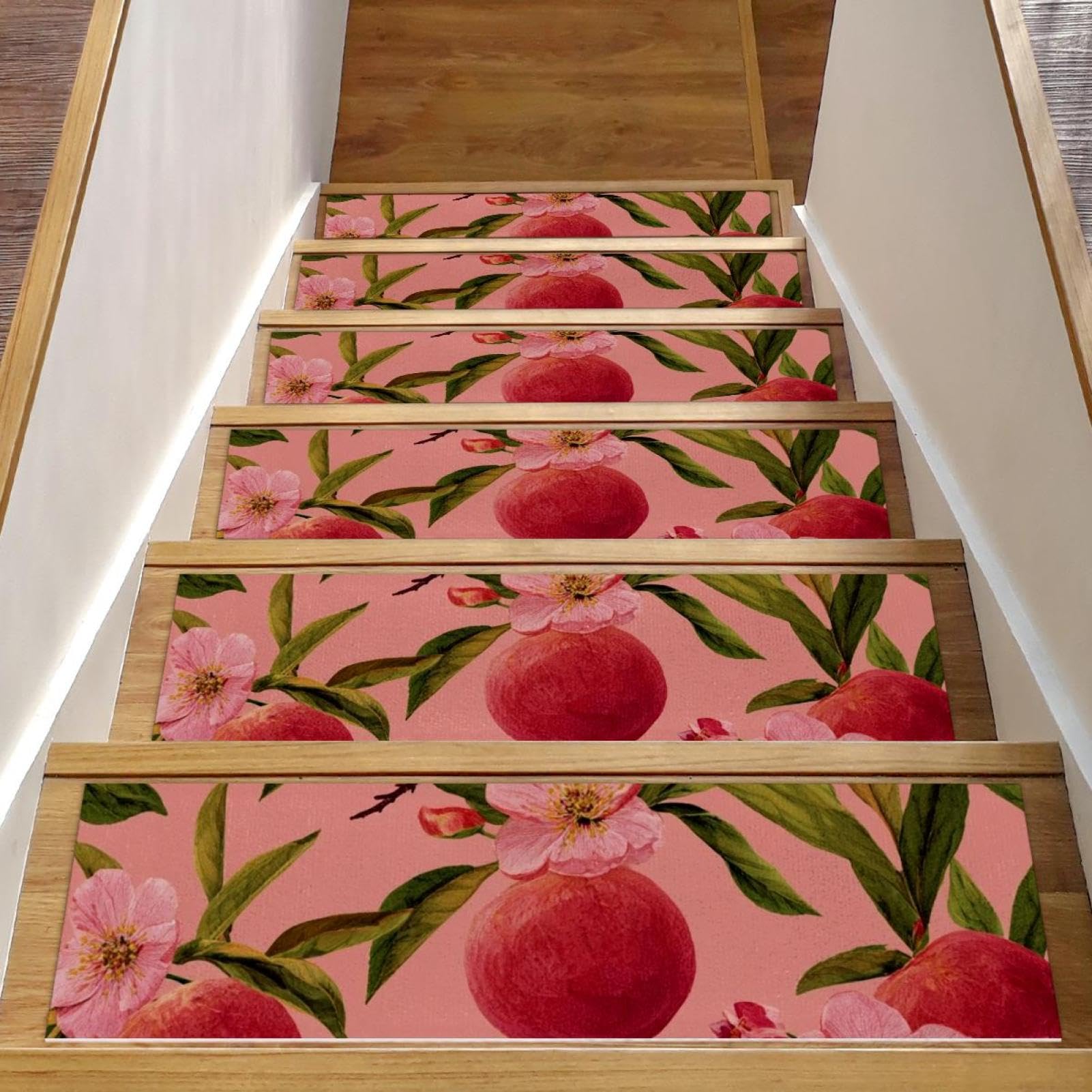 Tapis d'escalier lot de 15 pour marches en bois motif pêche rose antidérapant 20x76 cm