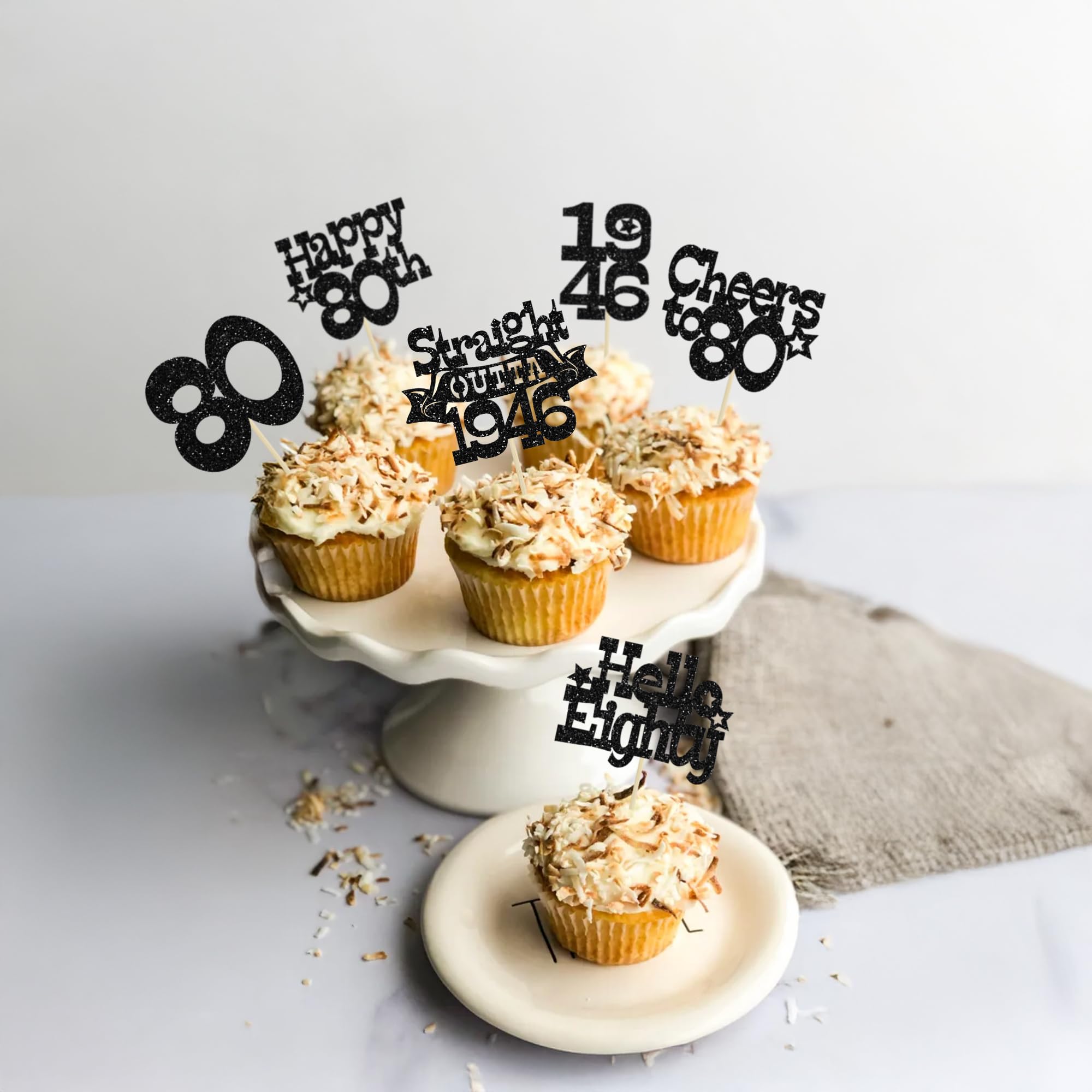 Ephlyn 30Pcs Straight Outta 1946 Cupcake Toppers Glitter Eighty Happy 80th Birthday Cupcake Picks Cheers to 80 Years Cake Decorations for Happy 80th Birthday Anniversary Party Supplies Black - Image 4