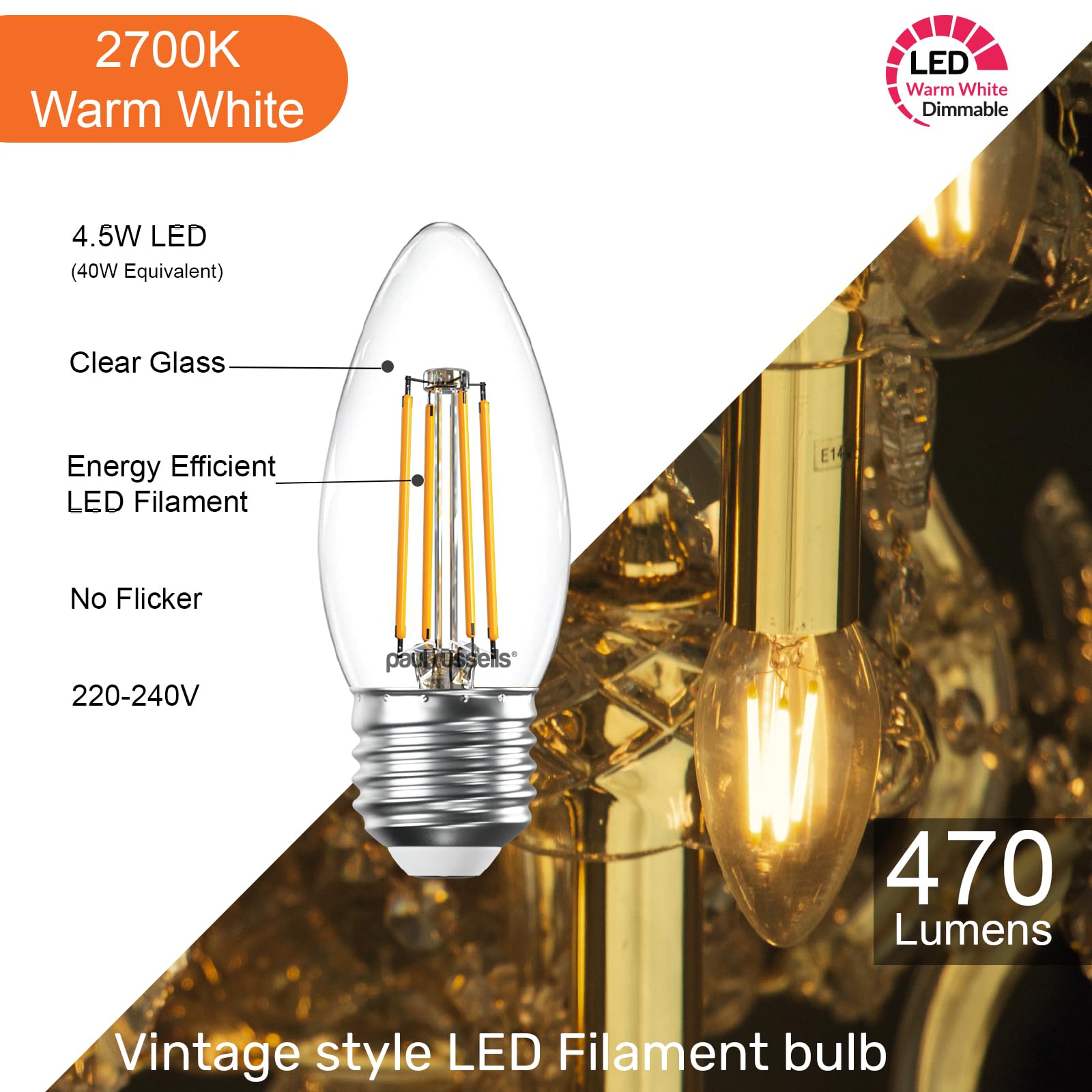 paul russells LED Filament Candle, Dimmable Edison Screw E27 Light Bulbs, 4.5Watt 470Lumens C35 LED Bulbs, 40w Equivalent - Image 4