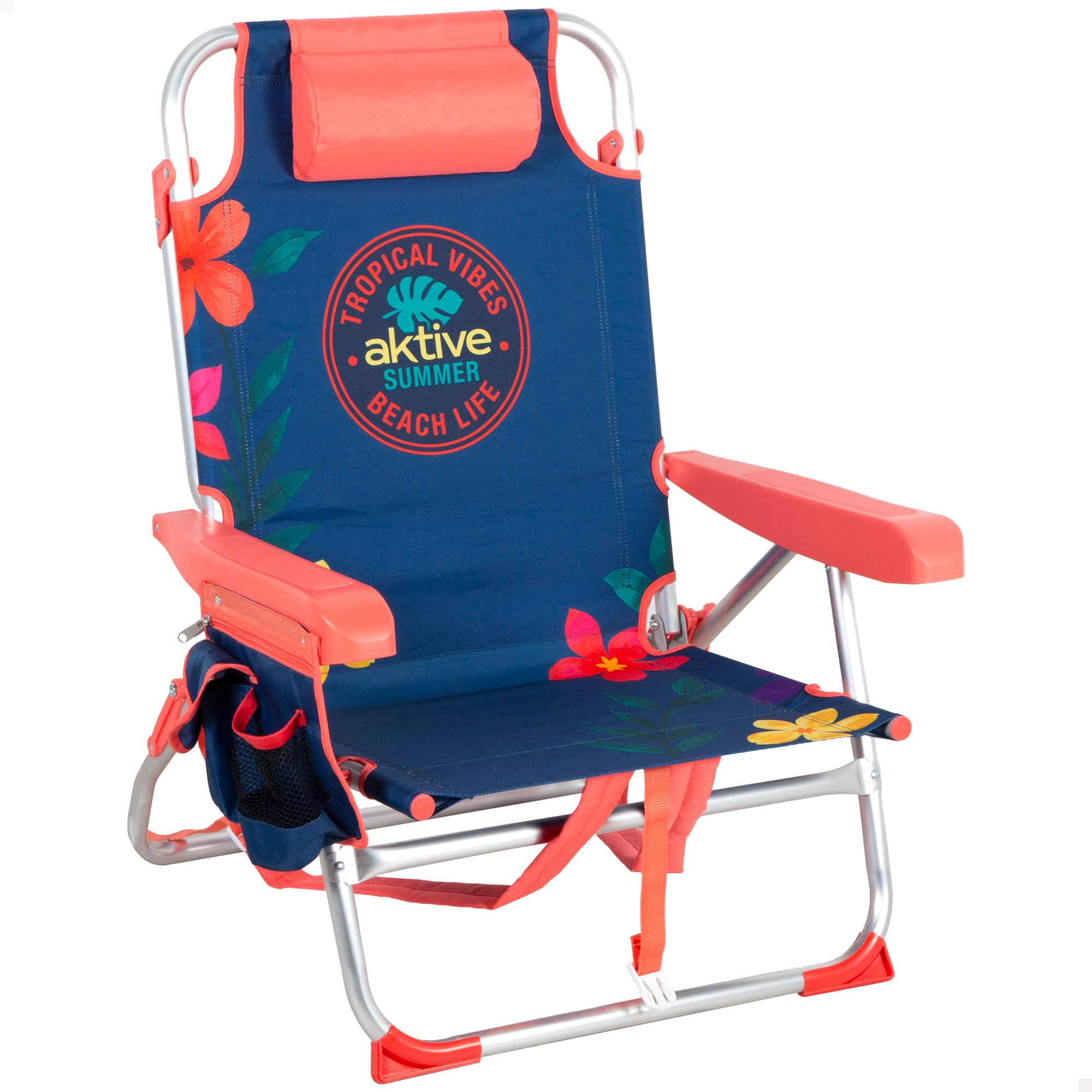 AKTIVE Silla de playa plegable reclinable, 50x54x80 cm, 5 posiciones, Reposacabezas acolchado, Bolsillos y asas mochila, Silla baja playa, Resistente hasta 110 kg (62512)