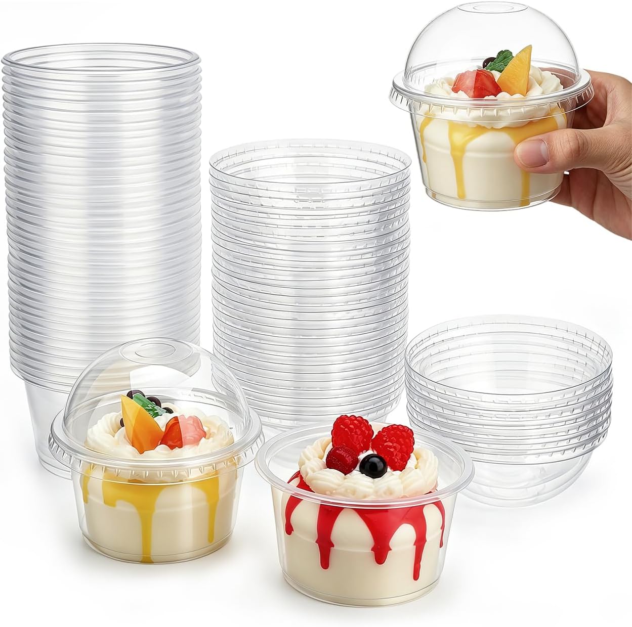 TEHAUX 50 Pack 8 oz Plastic Dessert Cups with Dome Lids, Clear Disposable Parfait Cups for Yogurt, Fruit Salad, Ice Cream, Pudding -Summer Party Wedding Picnic Catering Treat Bowls