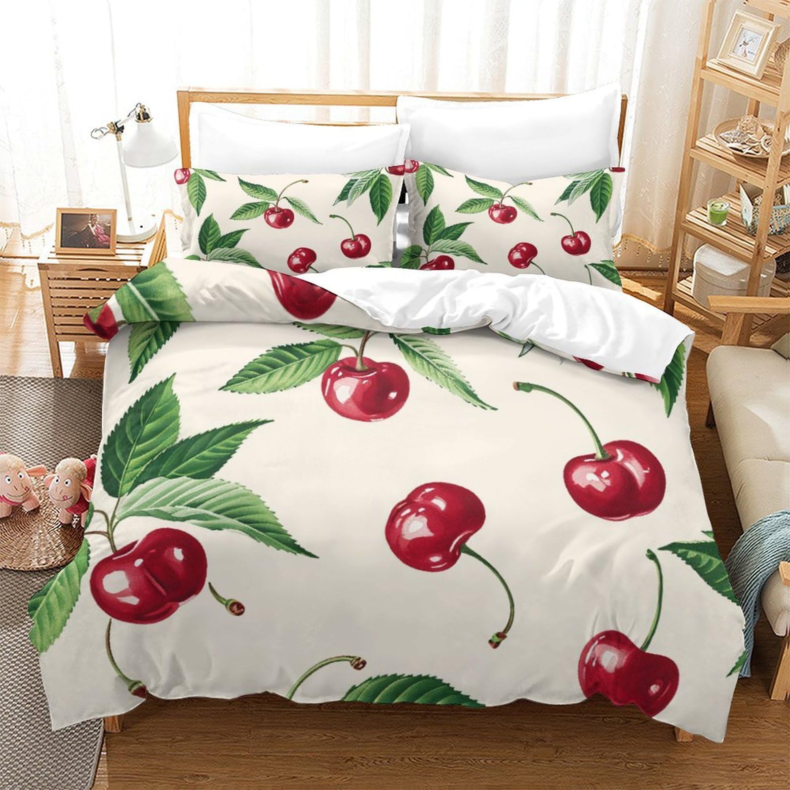 Parure de lit cerises avec fermeture éclair en microfibre hypoallergénique