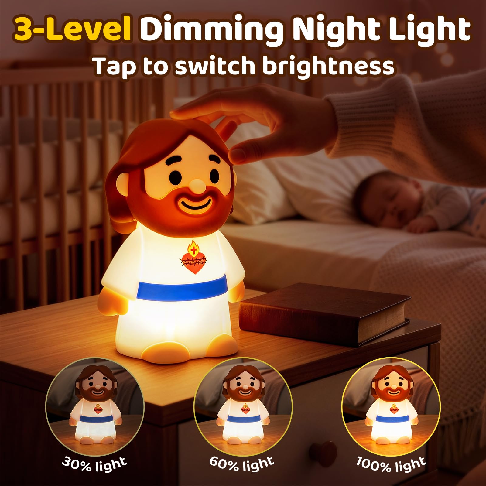Caaaat Luz nocturna de Jesús para niños, lámpara de guardería de silicona con 3 niveles de brillo y temporizador de 30 minutos, regalos de bautizo y Pascua, luz nocturna recargable para oración
