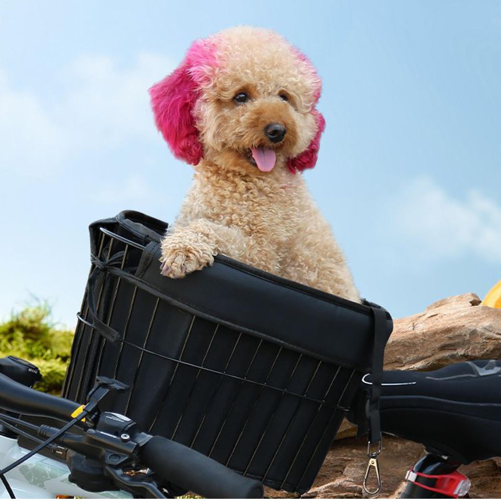 Dog Bikes Basket, Pet Front Bicycles Carrier, Soft Metal Frame with PU Liner, Lightweight Strong Comfortable Secure Puppy Carrier for Cycling, 7.5kg, Black