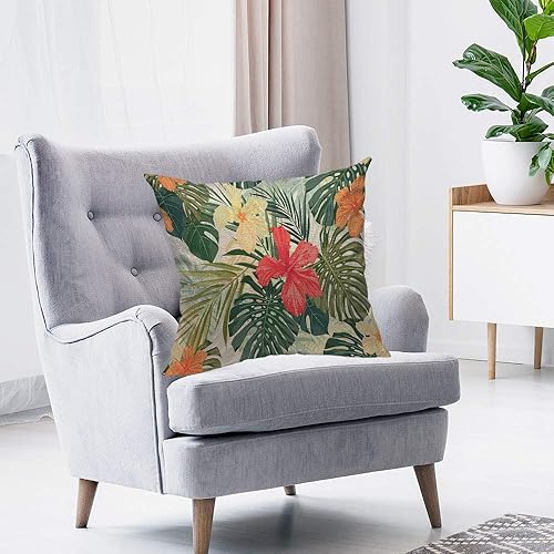 Miniatura 3 de HOSNYE Funda de cojín de flores de hibisco, coloridas plantas tropicales hawaianas, hojas de palmera, algodón y lino para sofá, cama, sofá,