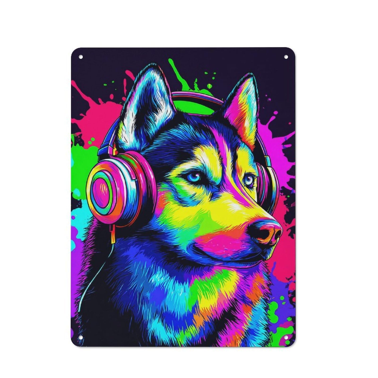 Vintage Tin Sign 40x30cm with Colorful Husky with Headphones -1 for Hobby Room Or Studio, for Metal Sign Collectors, for Garage And Workshop Walls
