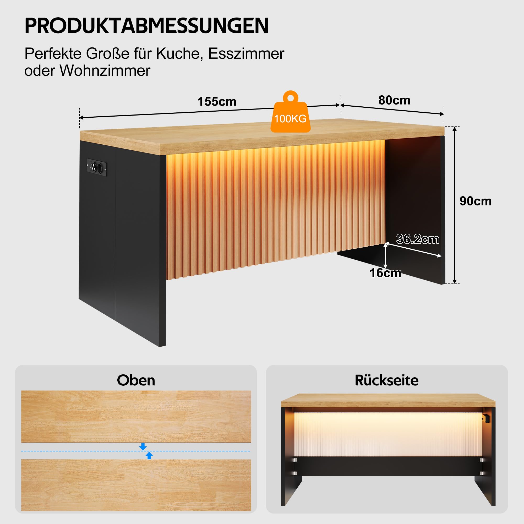 Merax Isola da cucina autoportante con piano di lavoro effetto legno da 40 mm, isola da cucina con LED, presa 2 prese, 2 USB, moderno tavolo da bar per cucina, sala da pranzo, 155 x 80 x 90 cm, nero +