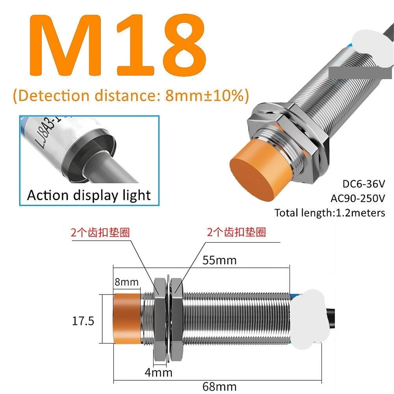 1 sztuka żółty czujnik przyłożenia indukcyjny czujnik zbliżeniowy M8 M12 M18 30 4 mm DC 12 V AC 110 NO NC NPN PNP wykrywanie (M24(Shielded), DC Type 2Wire NC, 1 szt