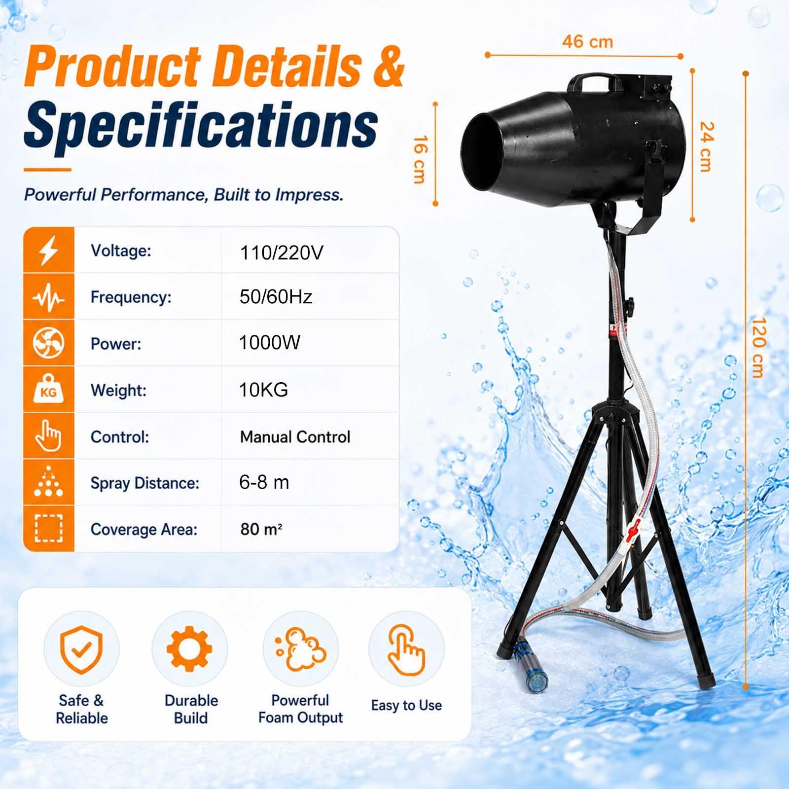 Máquina De Espuma 1000w, Cañón De Espuma Grande para Fiestas con Trípode Y Bomba De Agua, Chorro Ajustable 6-8 M para Piscina, Cumpleaños, DJ Y Eventos Black