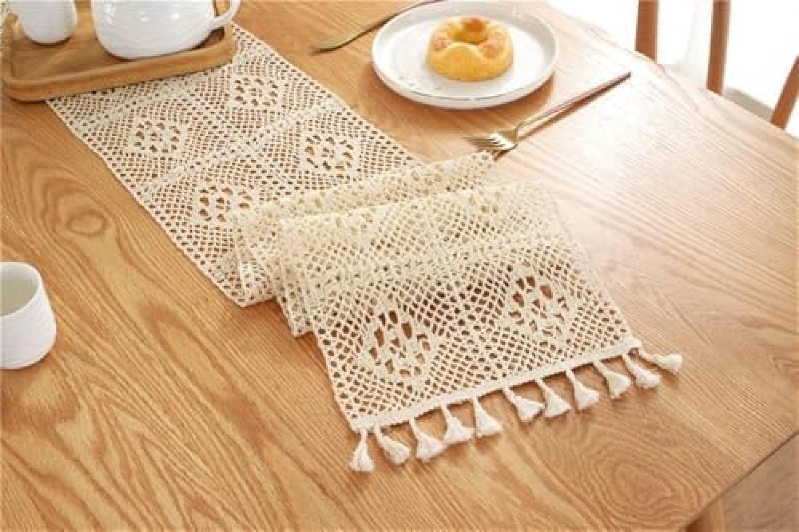 Chemin De Table Simple Fait À La Main Pastoral Crochet Tricot Creux Tissu Vintage Dentelle Gland Chemin avec Polyester Lin Coton (Vague 24x180cm) (Wit Square 24x260cm),Carré Beige,24x350cm