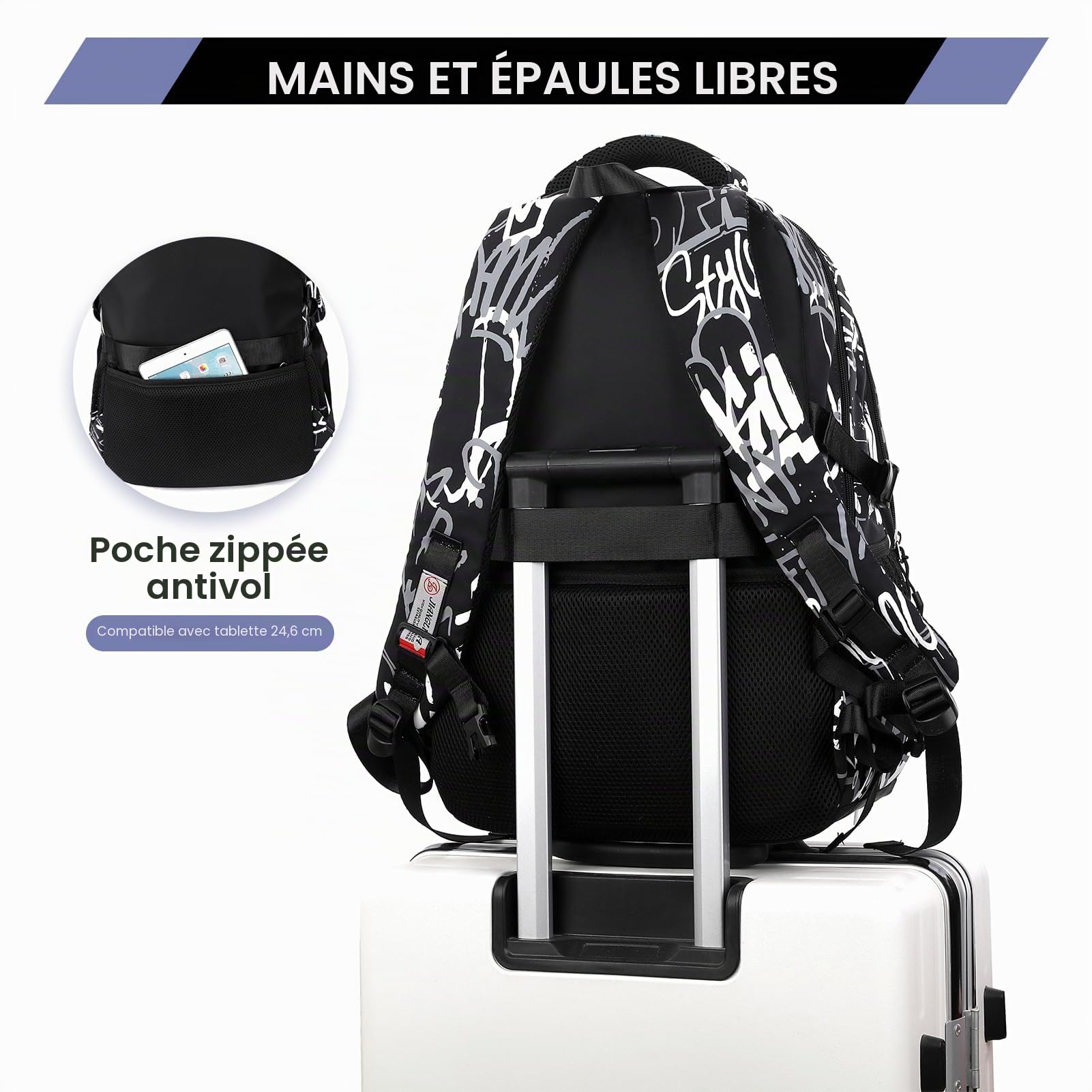 Amythe Sac à Dos pour Garçons Cartable Primaire College, Sac Ecole Tendance Léger pour les Adolescents pour 9-18ans, Sac D'école Grande Capacité Convient pour le Trolley, Noir