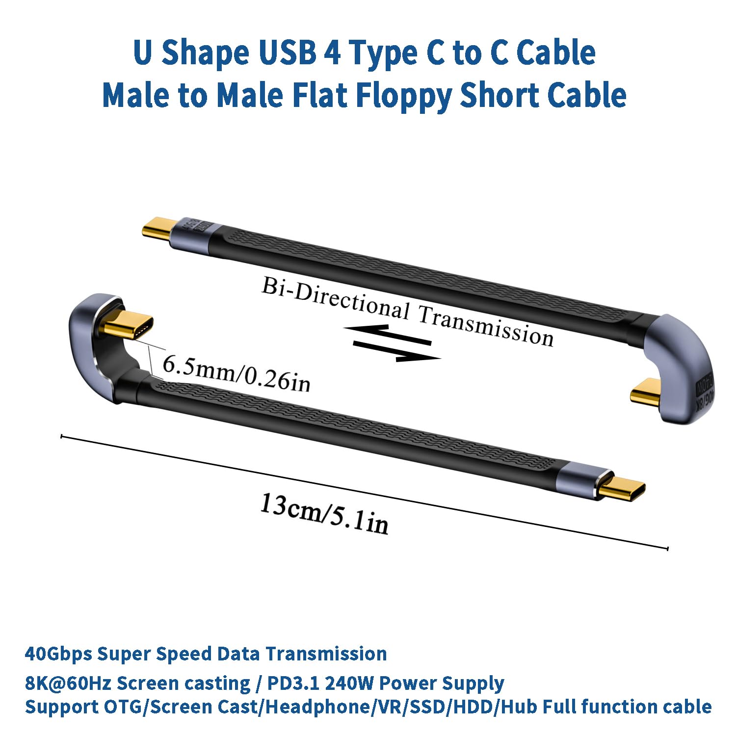 Short USB 4 Cable, 240W Charging U-Shaped USB C Cable Short, 40Gbps Data Transfer, 8K 60Hz Video Display for External SSD, iPhone 16 15 Pro Max, iPad, Thunderbolt 4/3, Hub (M to M-13cm) - Image 6
