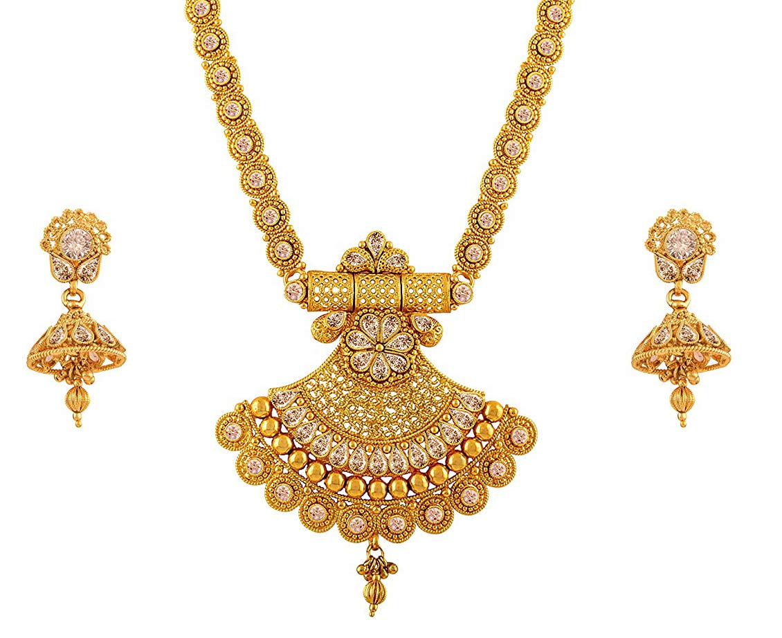 JFL-Jewellery for Less Long Traditional Ethnic One Gram Gold Plated Floral & Polki American Diamond Designer Bridal Necklace Set with Jhumka Earring for Women and Girls. (B07ZJM396J) Amazon Price History, Amazon Price Tracker
