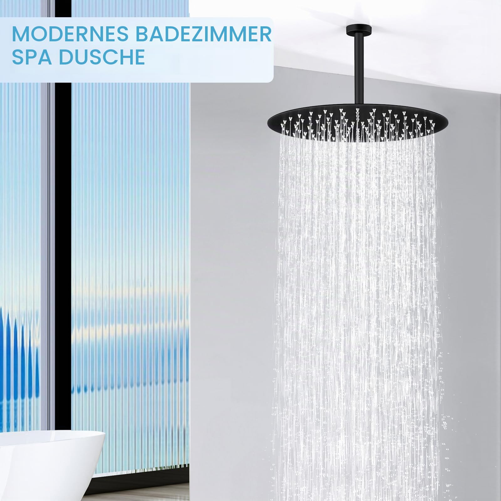 30CM Rund Matt Schwarz Regendusche Duschkopf, 12 Zoll Wasserfall Duschkopf Wassersparend, Ganzmetall-Edelstahl 304, Decken Regenduschköpfe mit 120 Anti-Verstopfungs-Silikondüsen