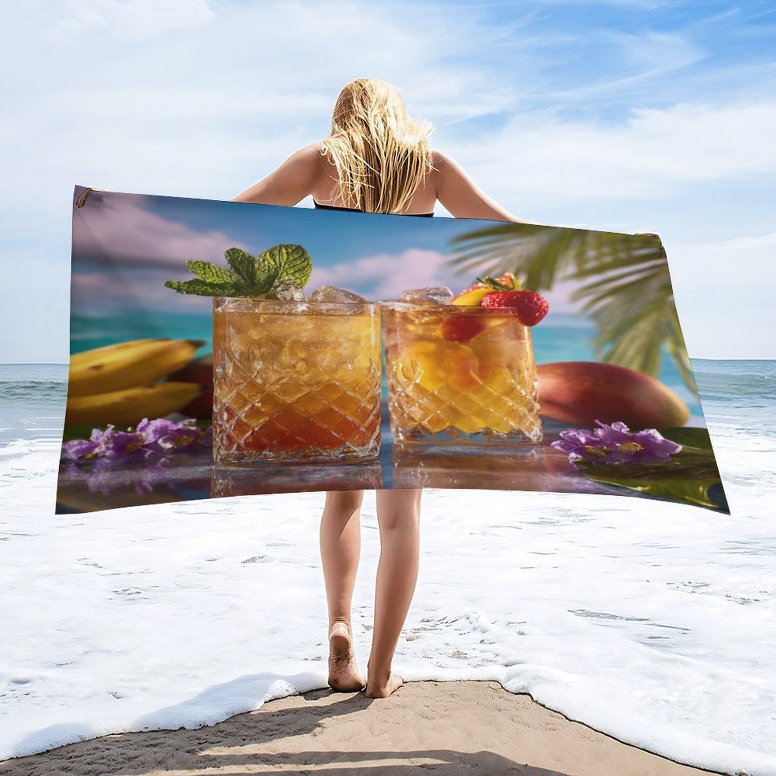 Luyysky Beautiful Realistic Tropical Fruit Absorbent Beach Towel, Classic Colorful Ocean Seaside Beach Plant Palm Trees Outdoor Single-Sided Velvet Beach Towel-80 W Cm X 160" L Cm