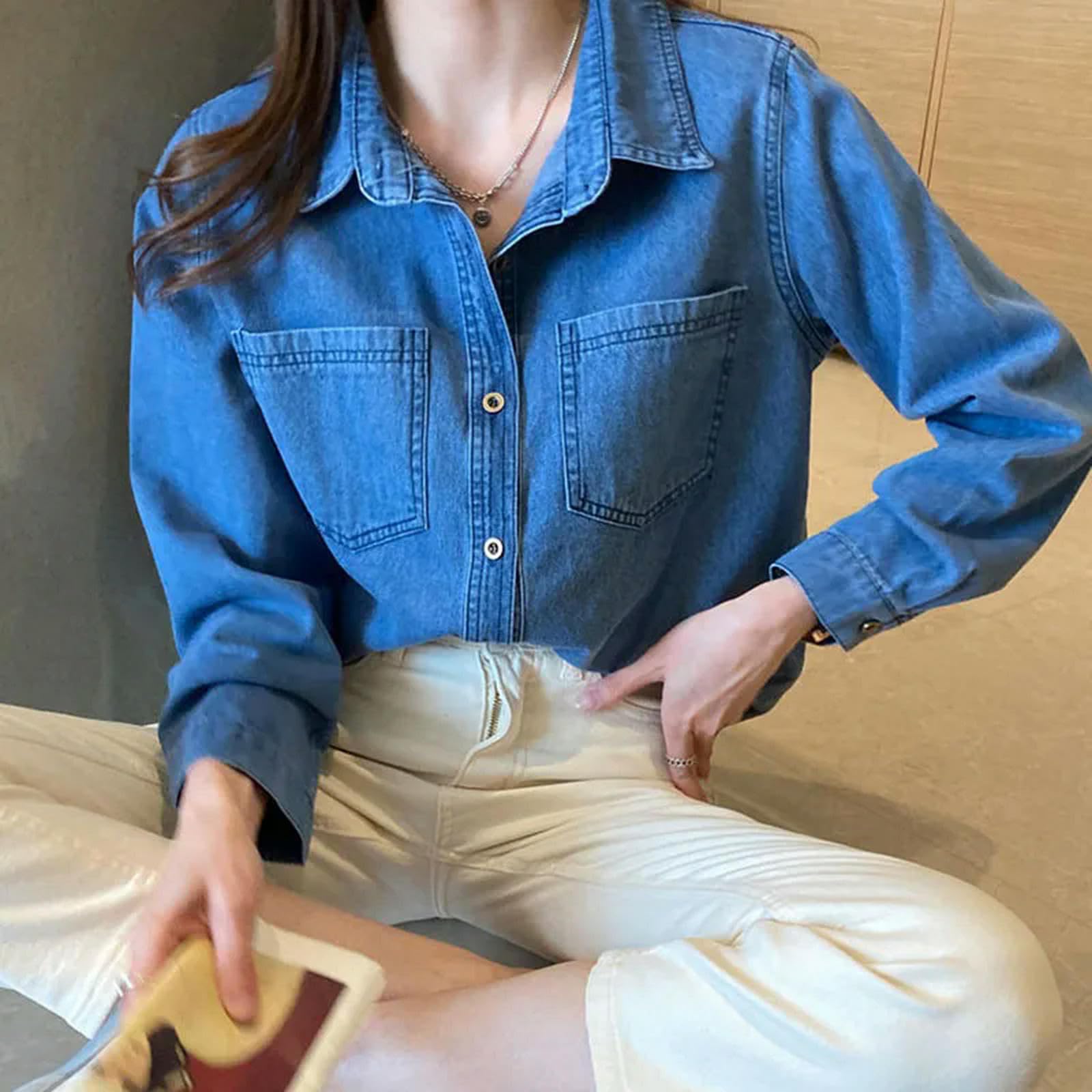 Giacca Uomo Camicie in Denim Blu Intenso per Donne Bottoni Primaverili Camicia A Maniche Lunghe