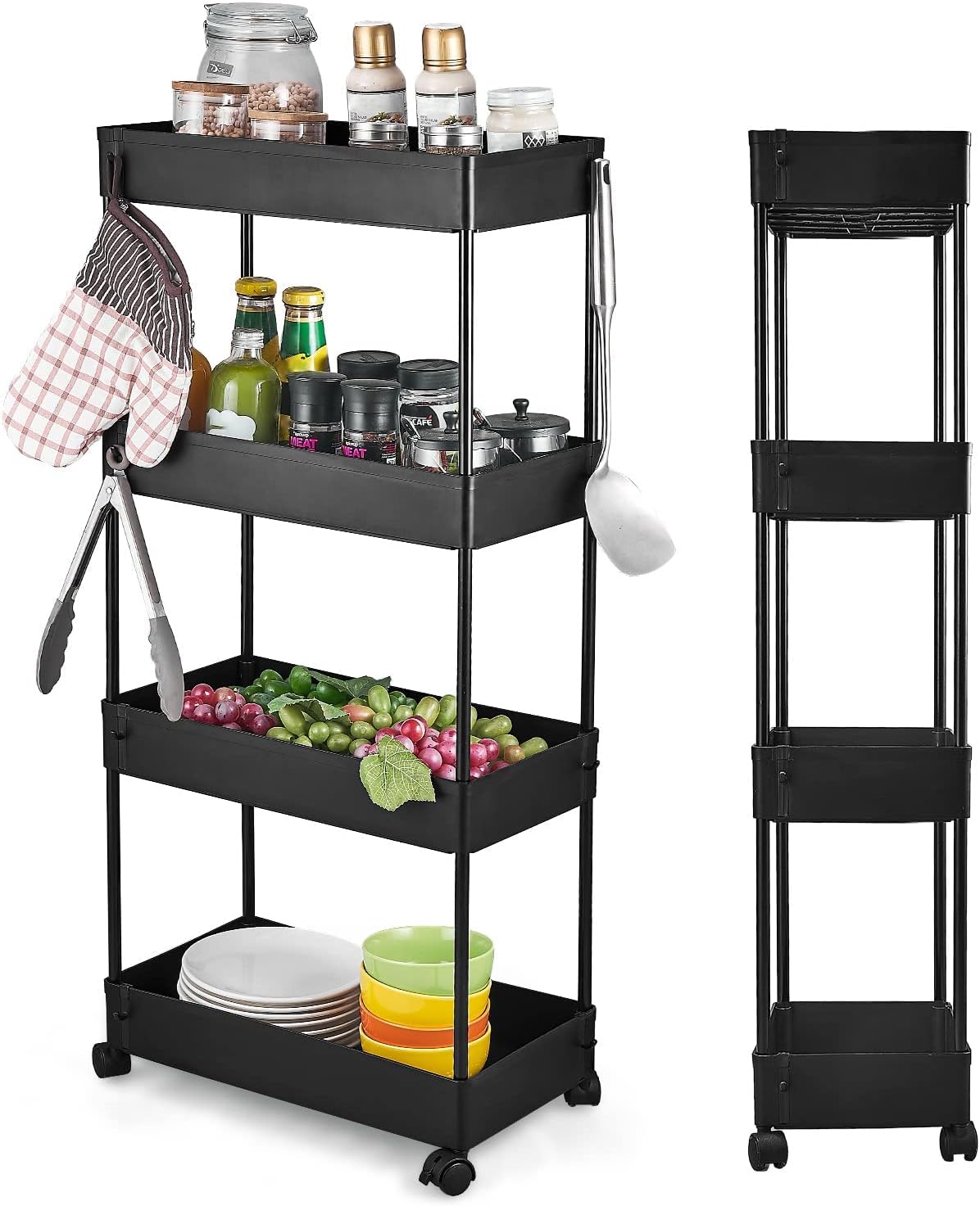 Chariot De Rangement 3 étages Pliable GIANTEX - Avec Roues Et Freins - Noir, Idéal Cuisine, Salon, Bureau - Assemblage Facile