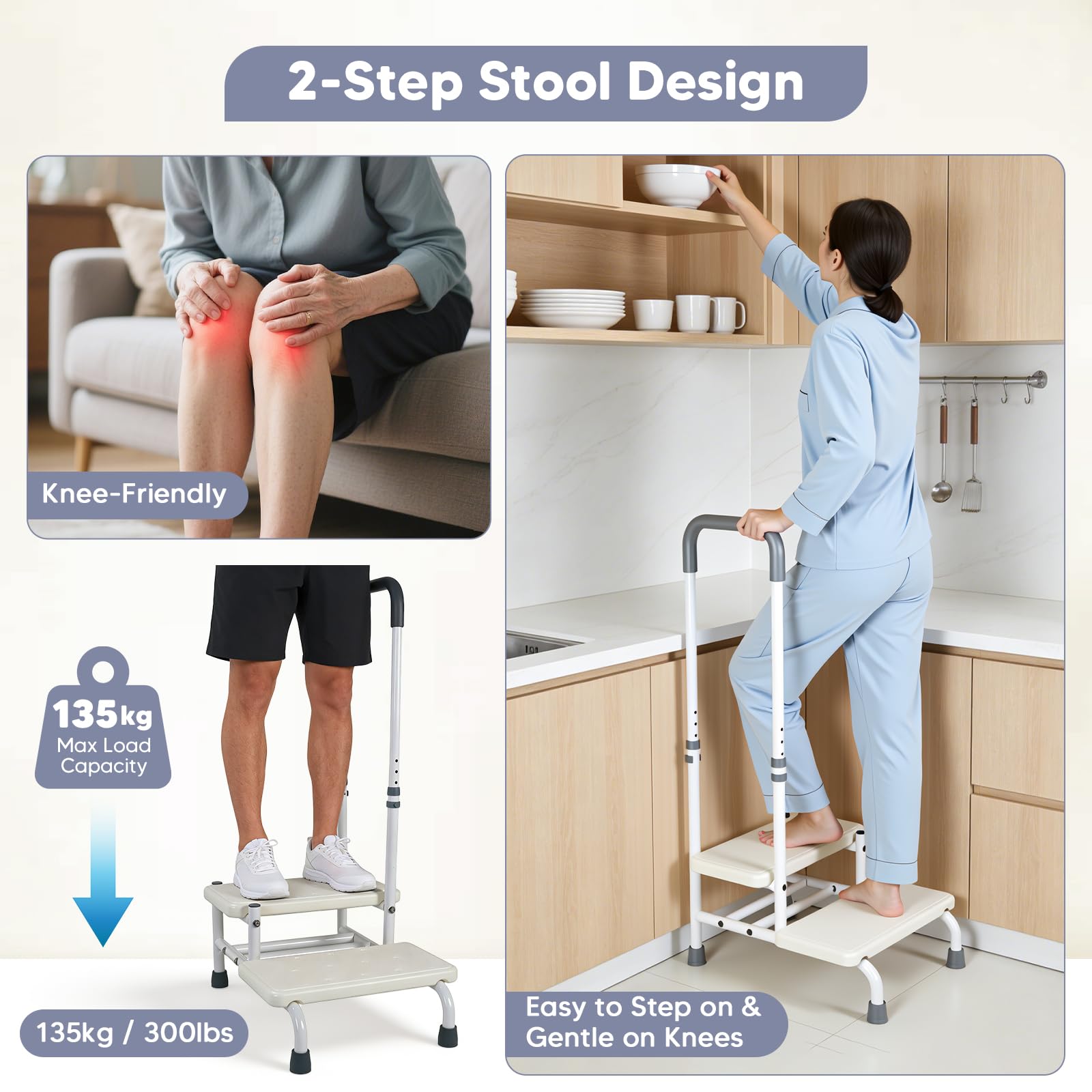 Scaletta da bagno con maniglione di supporto per anziani | Altezza regolabile in 5 posizioni (89-100 cm) | Sgabello a 2 gradini, portata massima 135 kg | Antiscivolo, ideale per vasca da bagno cucina