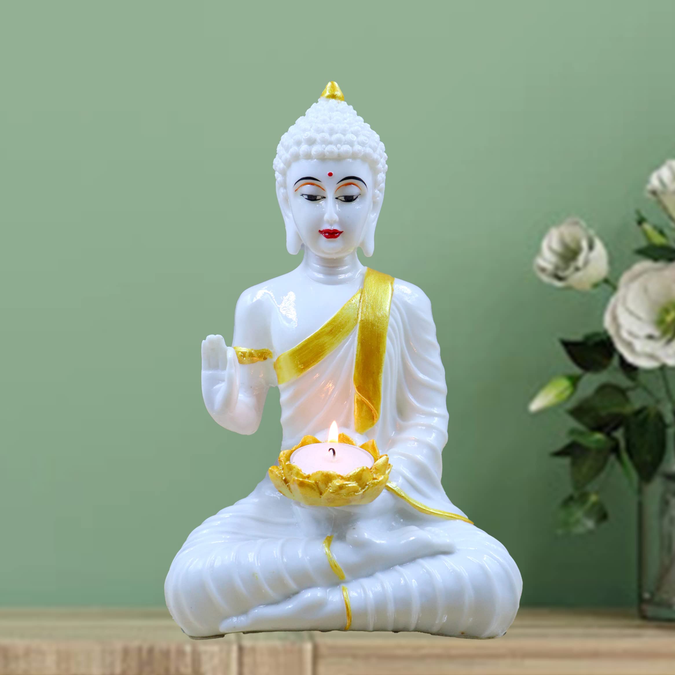 JAIPUR ACE White Gold Buddha Sitting with TeaLight in Hand Polyresin Idol - Perfect for Living Room, Bedroom & Office Space Home Decor Wall Decoration Ideal Gifting (White Light Buddha)
