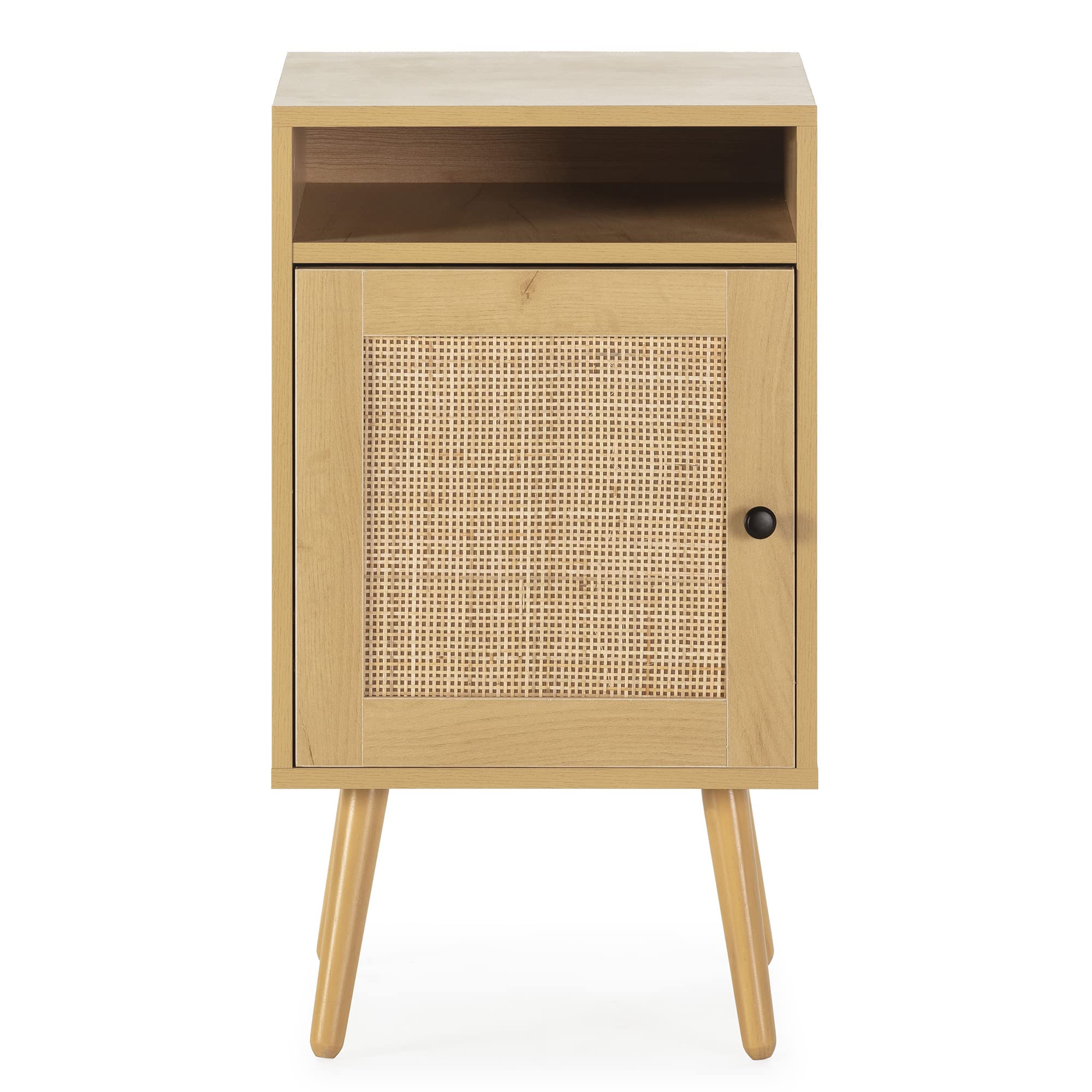 HOMN LIVING Mesita de Noche Bella 1 Puerta Color Roble, ratán Natural, 40 cm (Ancho) 39 cm (Profundo) 70 cm (Altura)