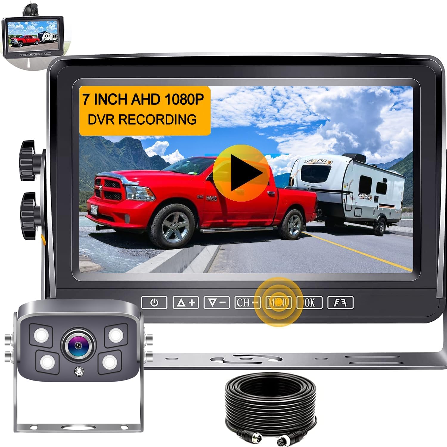 RV Backup Camera Wired HD 1080P 7 Inch Monitor DVR Recording Touch Button Two