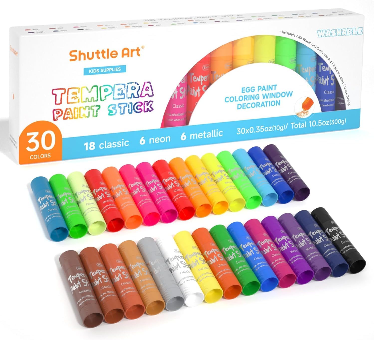 Shuttle Art Peinture Enfant, 30 Couleurs Vives, Stick de Peinture Gouache Non Toxique, Séchage Rapide, Idéal pour Papier Bois Céramique Toile, Kit Peinture Enfant pour Débutants et Artistes