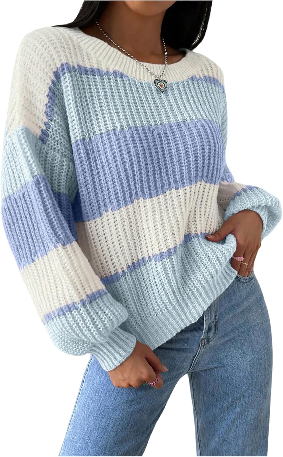 MakeMeChic Women's Striped Sweater Color Block Crewneck Casual Loose Soft Knit Christmas Sweater Pullover Tops