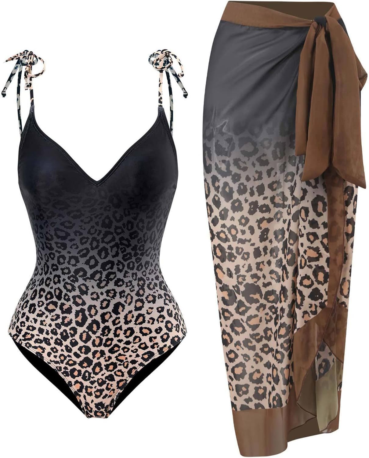 [WOOYOO] ビキニ 水着 ワンピース 2点セット パレオ パッド入り ｖネック セクシー お腹が隠れる ビーチウェア スカート