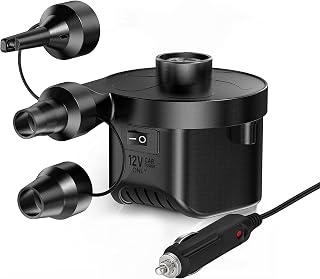 Quick Inflate/Deflate for Inflatables, Air Mattress, Pool Toys, Camping Beds, Couch - Compact & Portable Mini Pump with 3 Nozzles, Fits Standard 12V Vehicle Power Outlets for Outdoor Travel Use