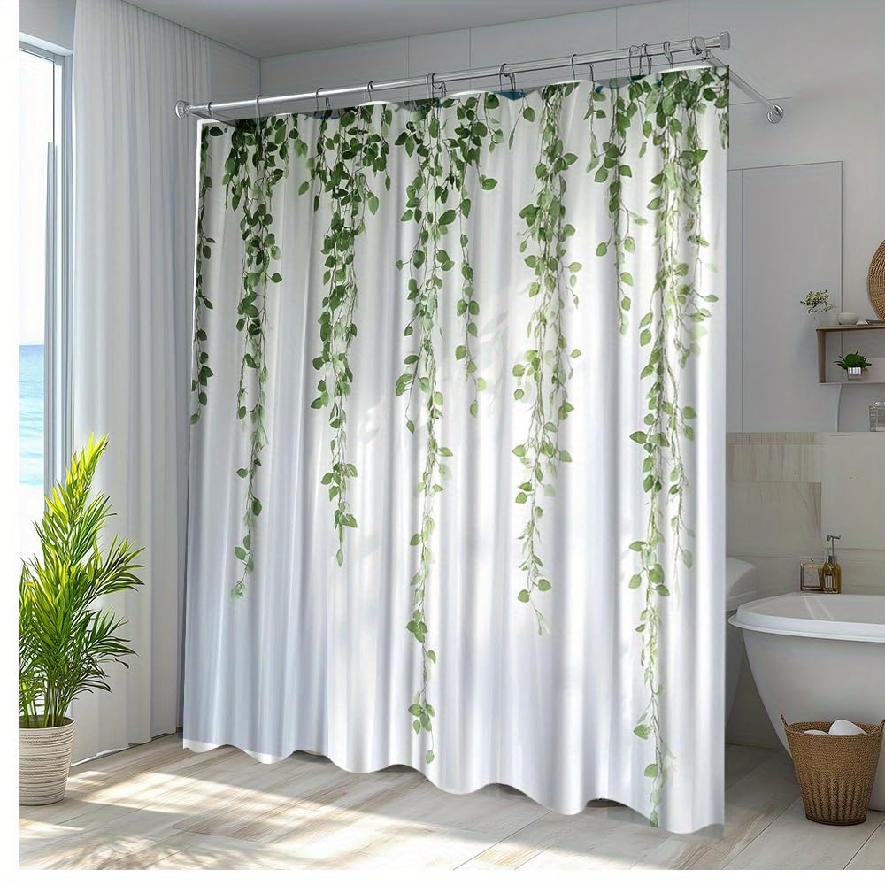 Cortina de Ducha con Estampado de Hojas Verdes para decoración de baño,Elegante Cortina de Ducha Extra Larga de Tela de poliéster,Incluye 12 ganchos180 x 220 cm/71 x 87 Pulgadas [Ancho x Alto]