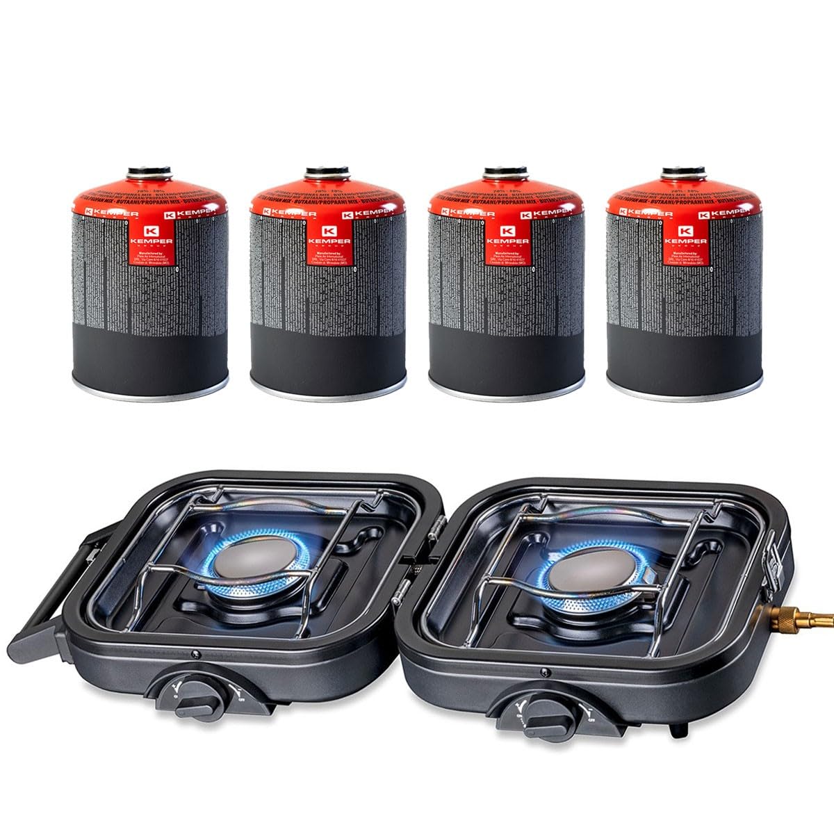 KEMPER - Fornello a gas pieghevole 2 luci 4600 W bruciatore in acciaio inox + 4 cartucce di gas 7/16"