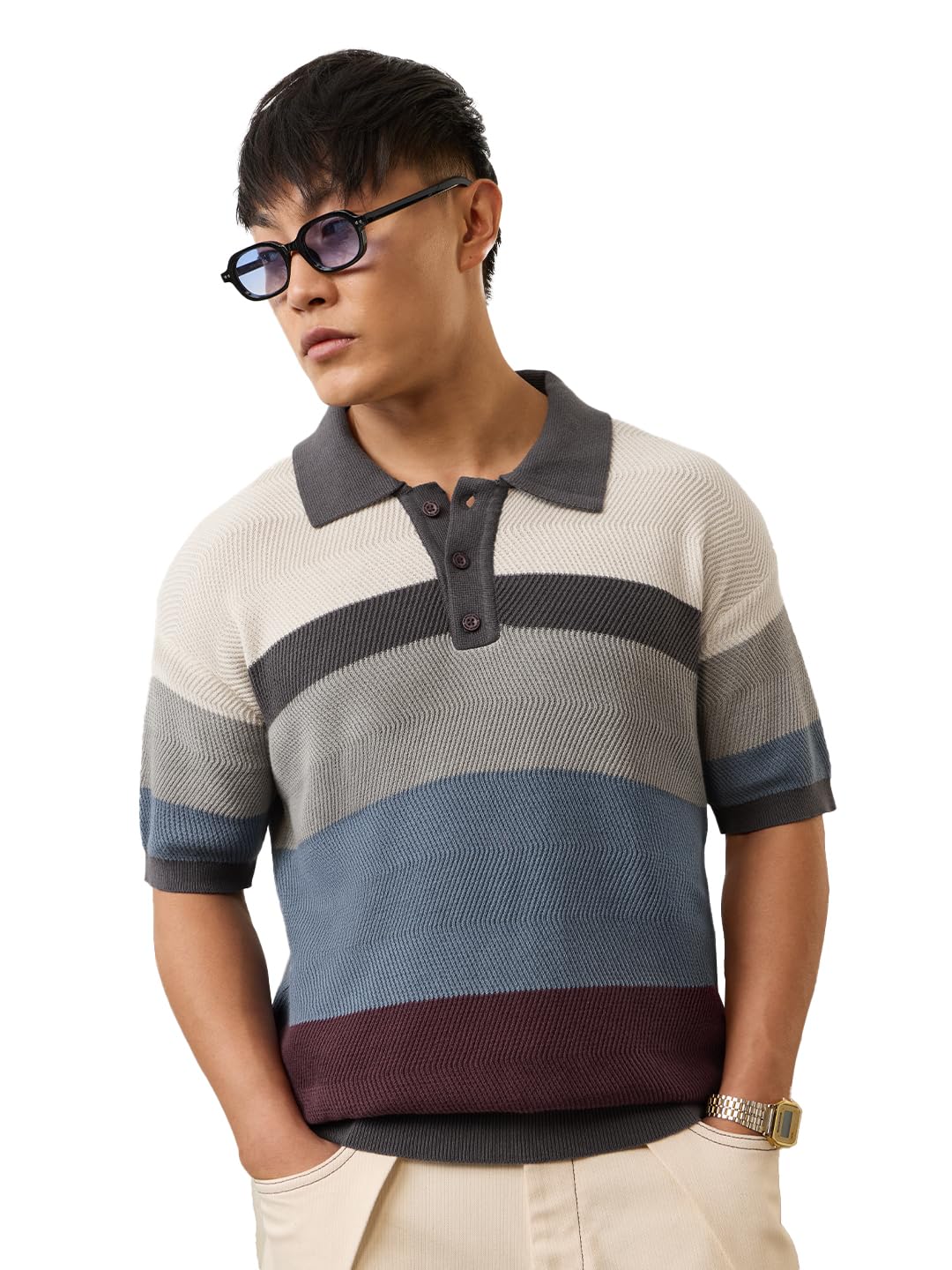 the souled store Jacquard Polo: Mulberry Men and Boys Short Sleeve Polo Neck Multi Cotton Textured Knit Chevron Striped Smart Casual Trendy Polos-picture-36