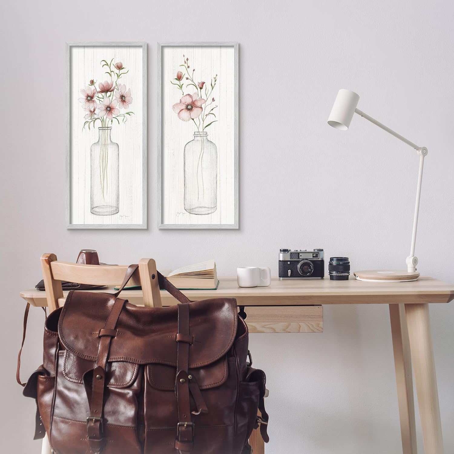 Stupell Industries 'Pink Blooms Bouquet Arrangement', 2pc Framed Giclee Art Set 2, Gray, 10 x 24 Inches, Easy to Hang and Sturdy, Made in USA, by Janet Tava