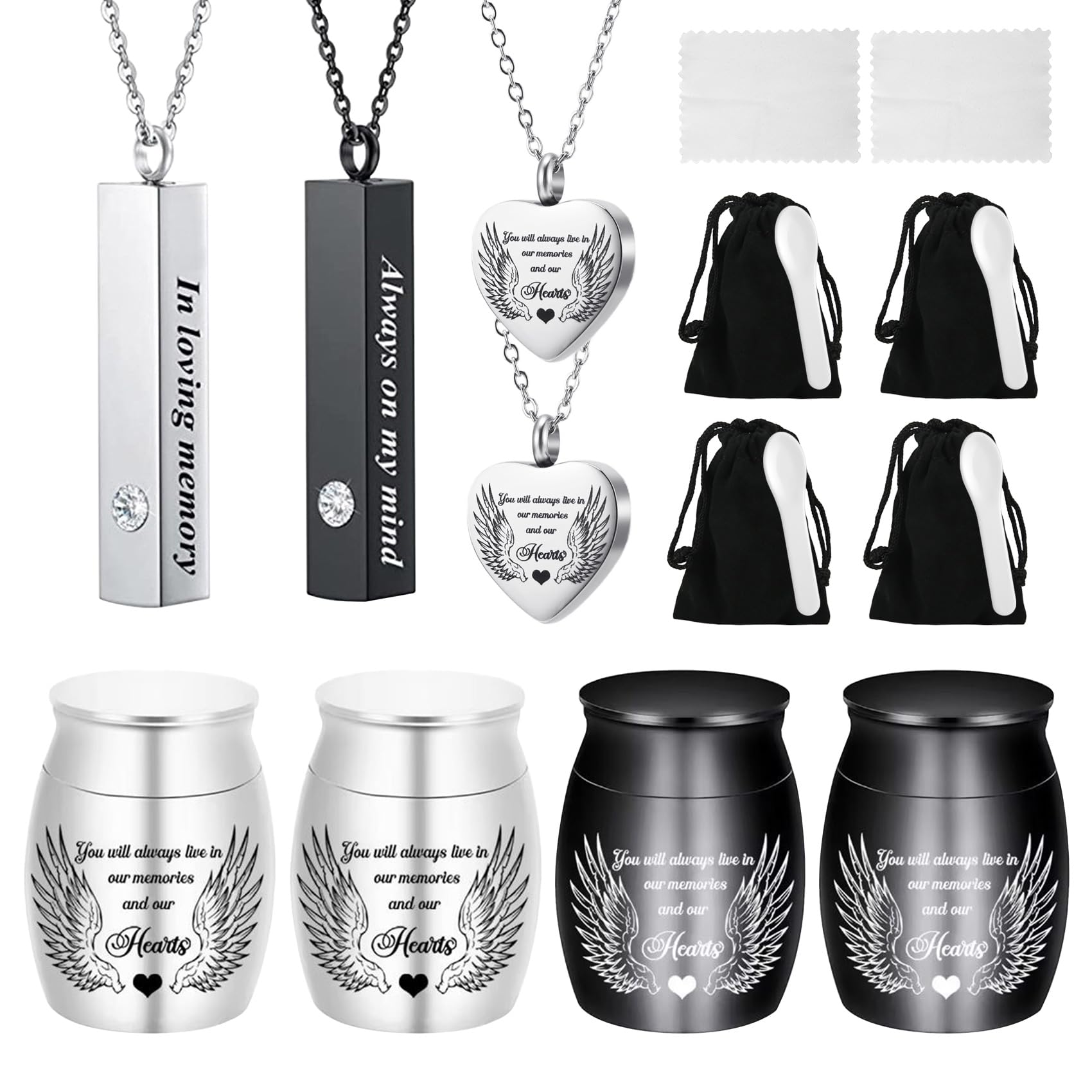 Collier urne en acier inoxydable et cristal, écrin de mémoire lot de 8