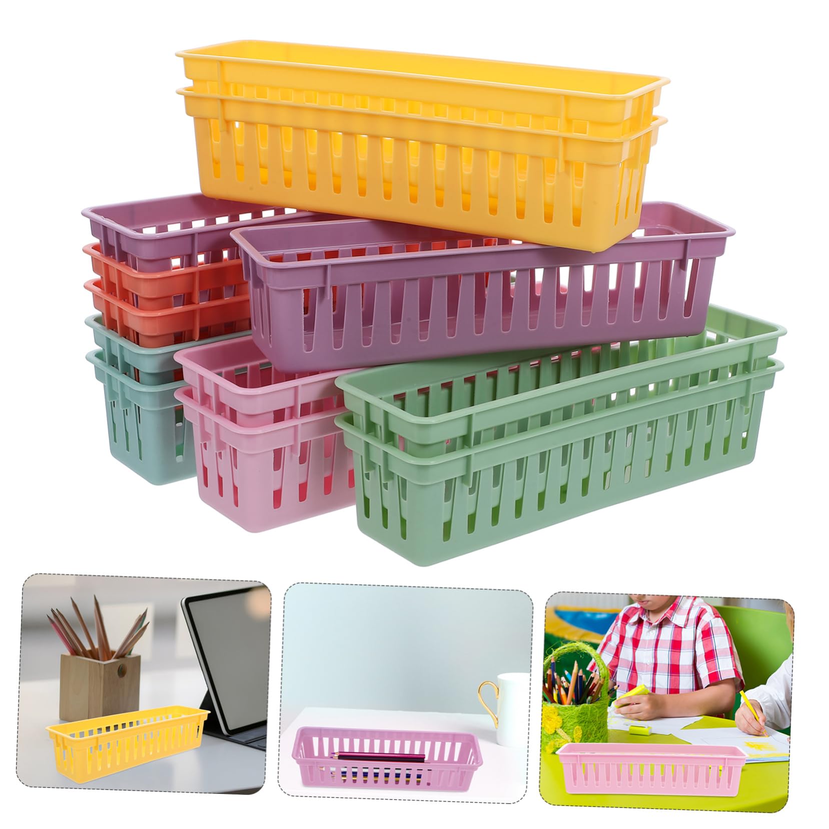 PLAFOPE 12 Pezzi Cesti Organizer Rettangolari Colorati per Scrivania Portapenne e Matite in Plastica Leggera Ampio Spazio Compatto per Ufficio Scuola e Studio