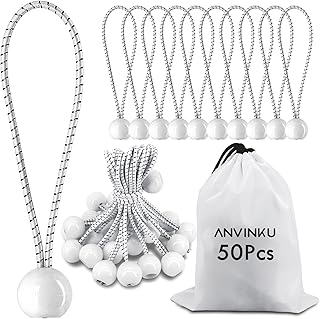 ANVINKU Bungee Balls, 50 Pcs Bungee Cords with Balls 5.9 Inches, Latex Tarpaulin Bungee Balls Heavy Duty, White Ball Bungee Cord, Elastic Ties with Balls for Camping Tent, Tarpaulin, Flag & Marquee