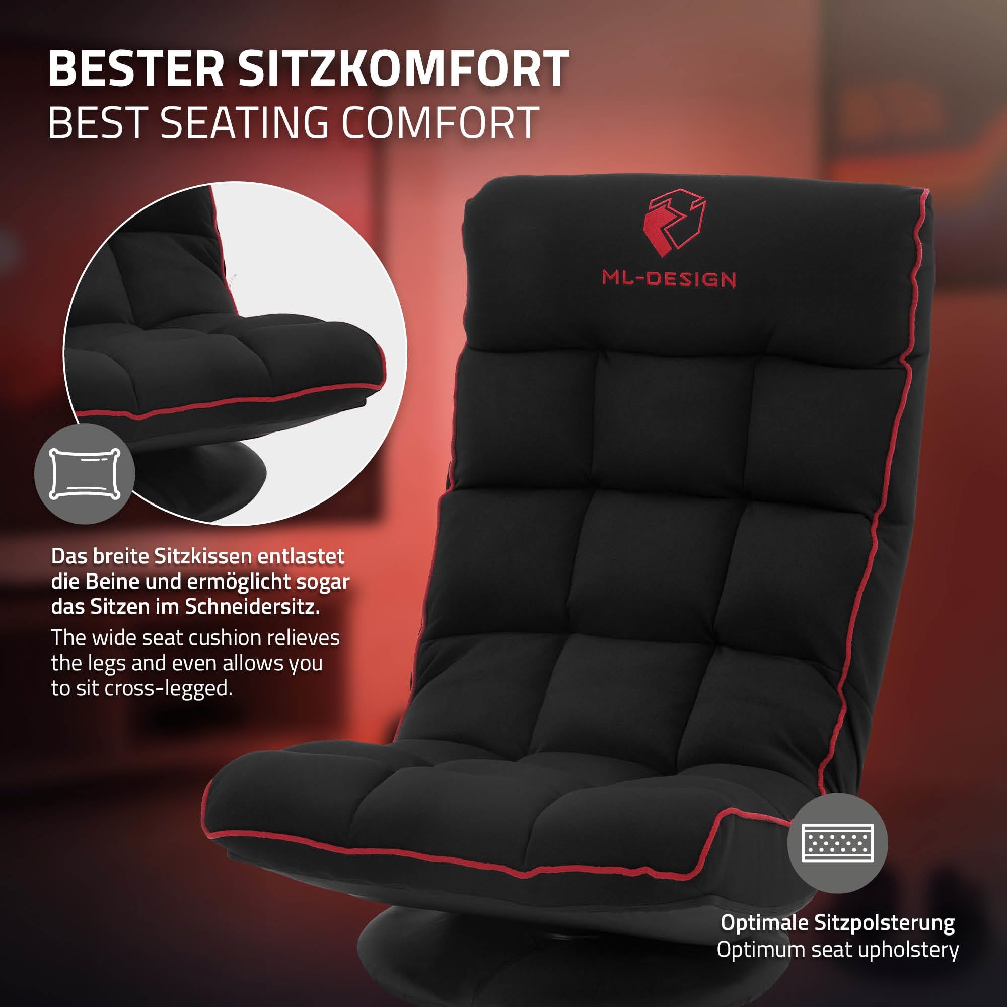 ML-Design Gaming Bodenstuhl Schwarz-Rot, Ergonomischer Gaming Sessel, 360° drehbar & verstellbar, Klappbarer Boden Gamer Stuhl mit Kopfstütze, Bodensessel gepolstert, Relax Bodensofa, Lounge Sessel