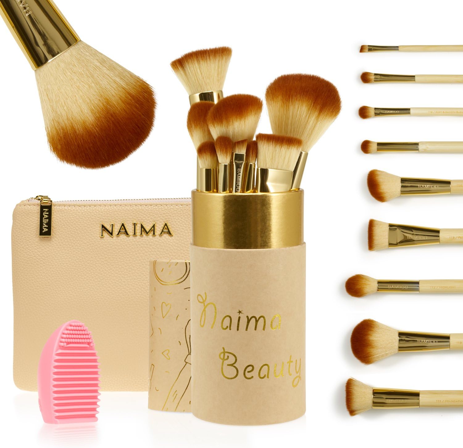 PRO Makeup Brush Set by NAIMA BEAUTY - Includes 9 Professional Bamboo Makeup Brushes – Luxurious Leather Bag & Vanity Brush Case - Best Quality Brushes for Face and Eye Makeup – GOLD + BAMBOO