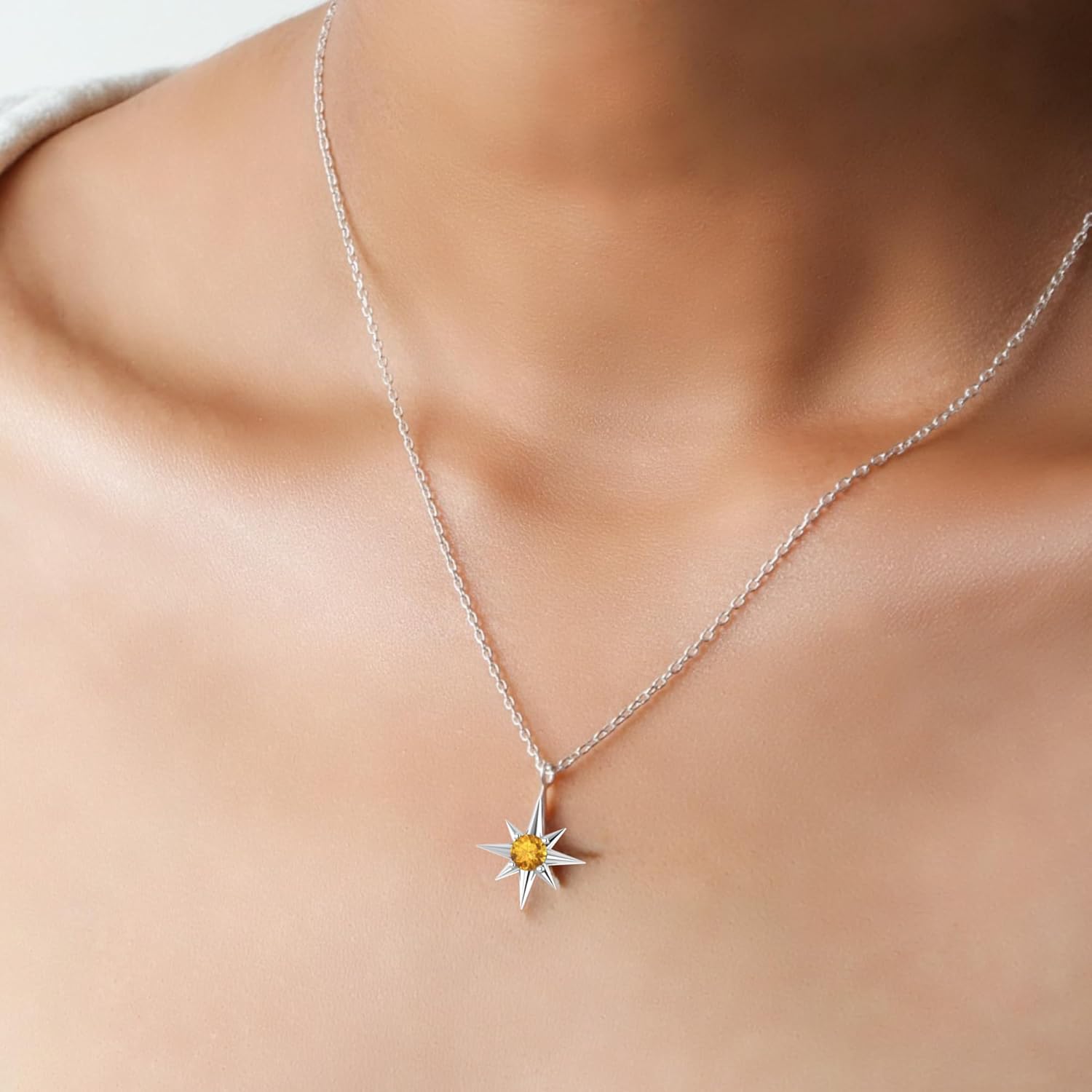 Sterling Silver North Star Pendant with a Birthstone, Birthstone Gift For Her, Silver Jewelry with 18 Inch Chain