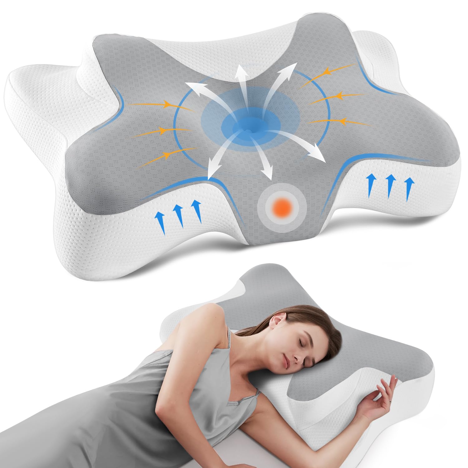 DONAMA Oreiller Cervical Ergonomique Mémoire de Forme, Soutien du Cou, 66x37x13 cm, Gris Blanc