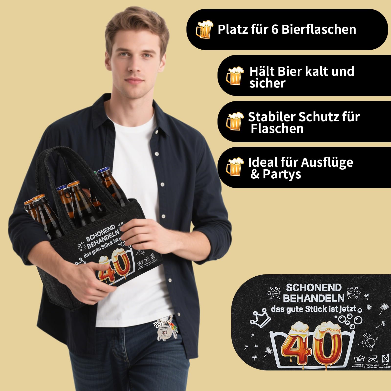 Lustige Bier-Handtasche Für Männer – Mit 6 Flaschen-Träger, Socken & Flaschenöffner, Geschenkidee