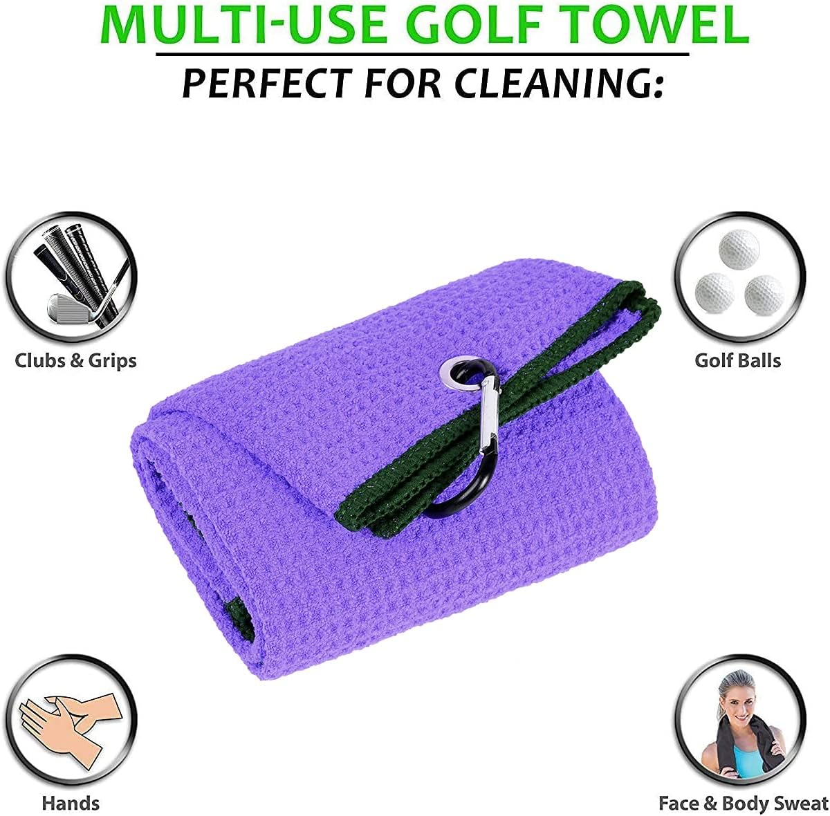 Golf Towels, Microfiber Waffle Pattern Tri-fold Golf Towel - Brush Tool Kit with Club Groove Cleaner, with Clip Men Women Golf Gifts (Purple Towel+Black Brush) - Image 2